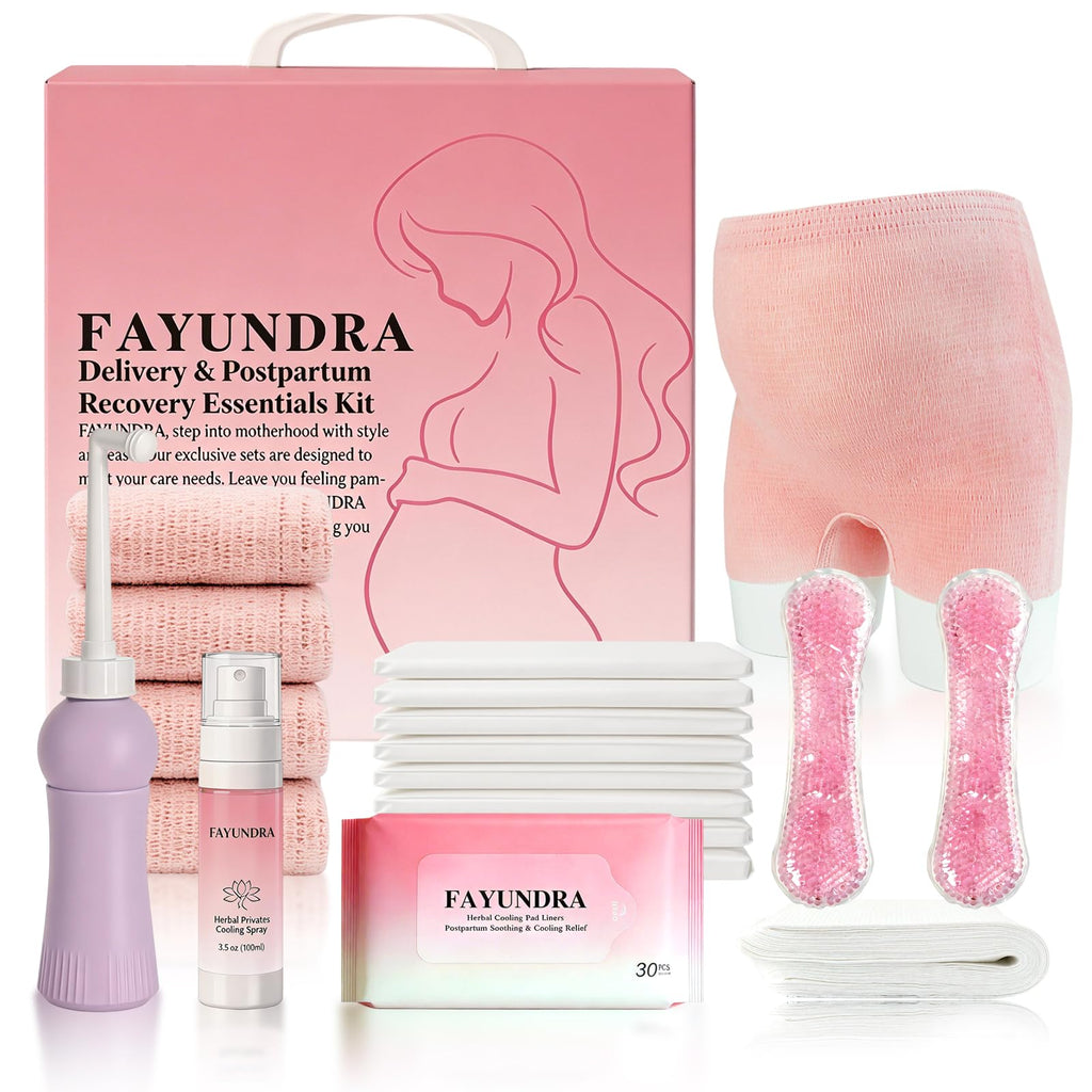 FAYUNDRA Postpartum Essentials Kit for Labor & Delivery, Postpartum Kit with Cooling Spray, 4 Disposable Postpartum Underwears, 8 Postpartum Pads, 2 Hot & Cold Packs, 30 Pad Liners, Peri Bottle (6)