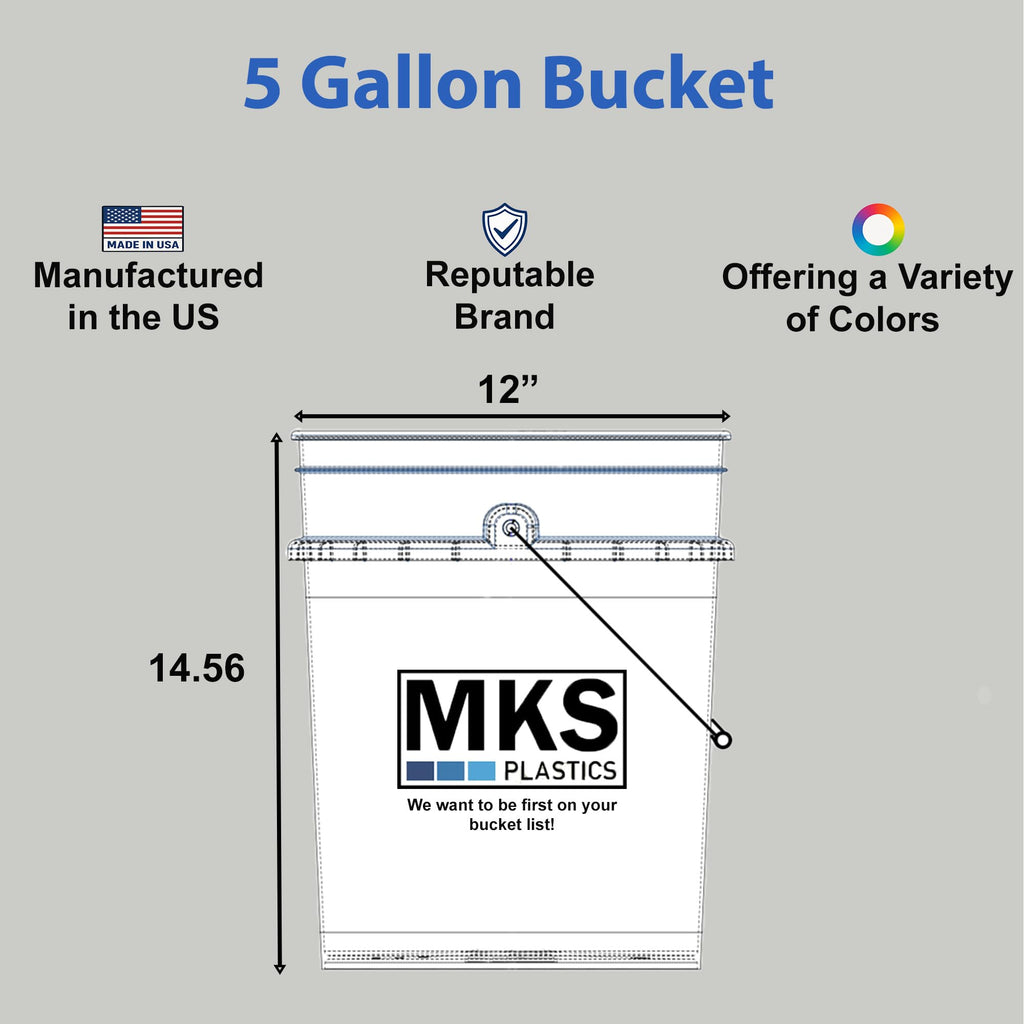 MKS Plastics 5-Gallon Bucket Only – No Lid Included, Made in USA, Food Grade BPA Free Plastic, Heavy Duty Multi-Use, Metal Handle with Grip, Stackable Storage – White, 6 Pack