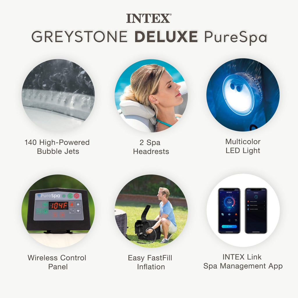 INTEX PureSpa Greystone Deluxe 4 Person Square Inflatable Hot Tub, Bubble Massage Spa Set with Energy Efficient Cover, 2 Headrests, & LED Light, 69 in x 28 in