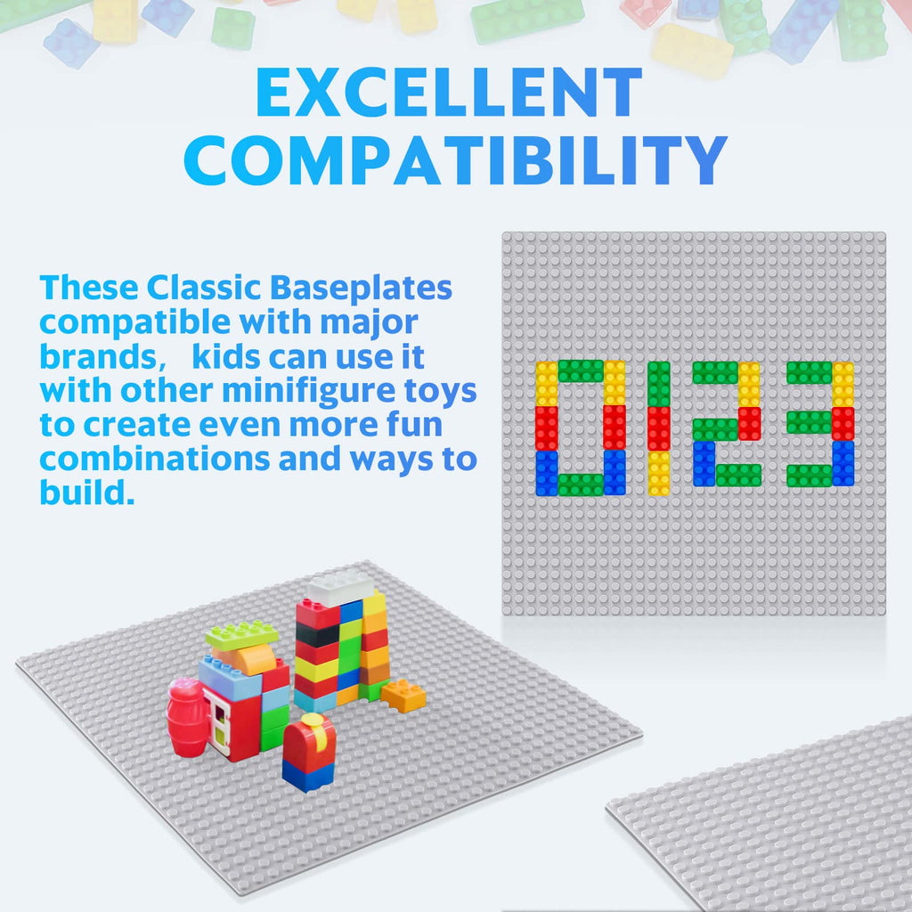 Pokiiulk Classic Baseplates Building Plates-Pack of 10 Large 10" x 10" Building Bricks Compatible with All Major Brands,Perfect STEM Gift for Builders Age 3+,Grey