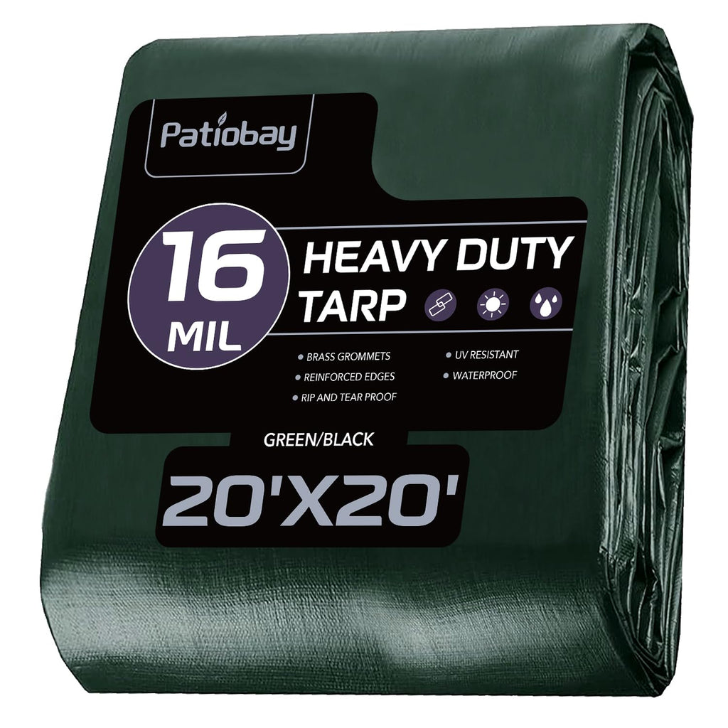 Patiobay Tarp 20x20 Feet, 16 Mil Large Waterproof Tarps Heavy Duty with Brass Grommets, Thick Plastic Tarp, UV Resistant Tear&Fade Resistant, Reinforced Edges for Outdoor Pool Car Camp Tent