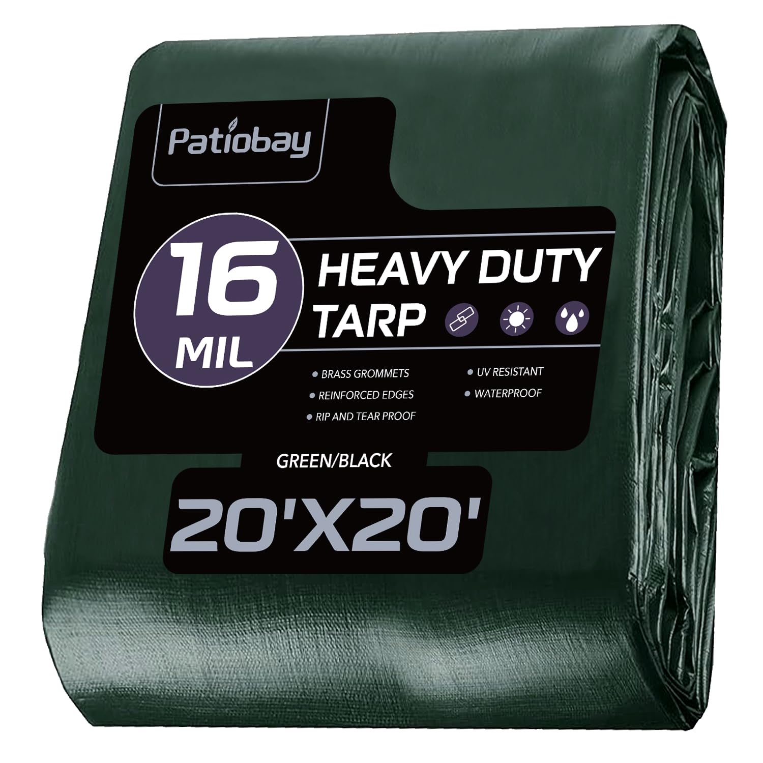 Patiobay Tarp 20x20 Feet, 16 Mil Large Waterproof Tarps Heavy Duty with Brass Grommets, Thick Plastic Tarp, UV Resistant Tear&Fade Resistant, Reinforced Edges for Outdoor Pool Car Camp Tent