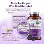 Purity Labs Trans-Resveratrol Supplement 5,000 mg Equivalent per Serving with Quercetin, USDA Organic High Potency Antioxidant, Vegan Capsules, 90 Count
