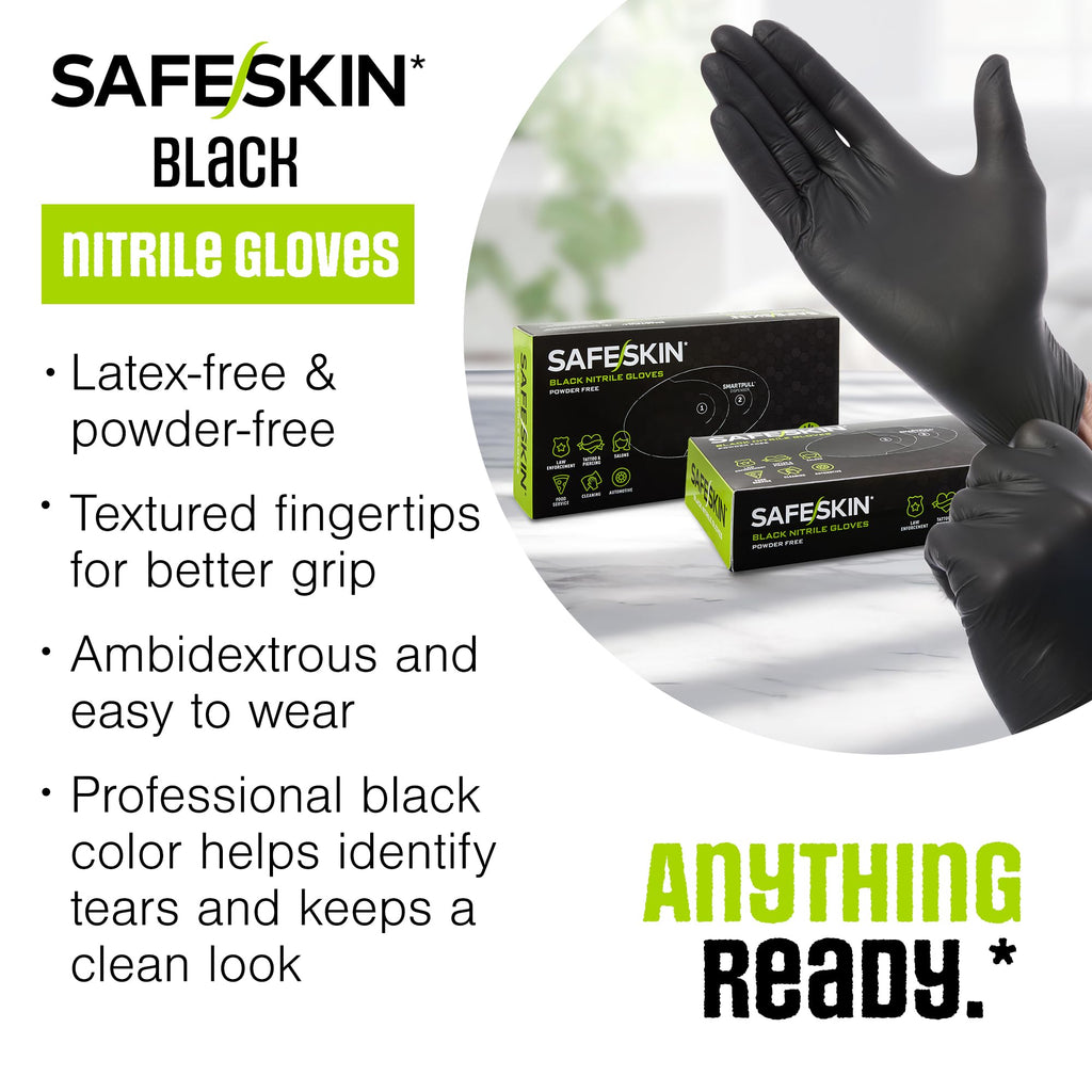 SAFESKIN Black Nitrile Disposable Gloves Powder Free Latex Free Tattoo, Food Prep, Auto Salons, Cleaning, Law Enforcement, 3.5 mil, Size Large, Case of 1000