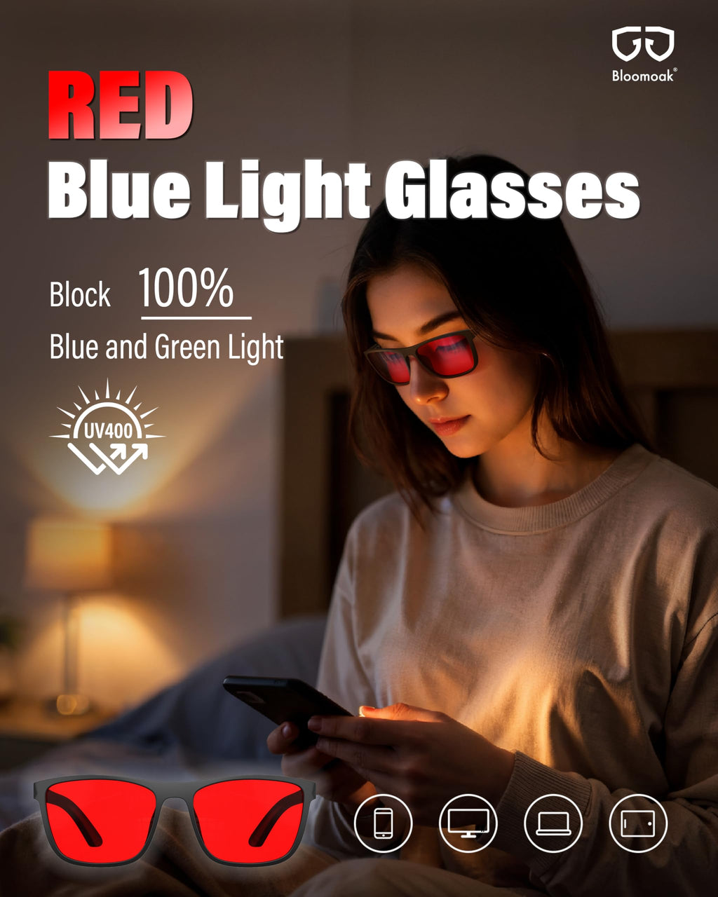 Bloomoak 100% Red Lens Blue Green Light Blocking Glasses- Dual AR Coatings Sleep Glasses Before Bed - Anti Glare, Fatigue