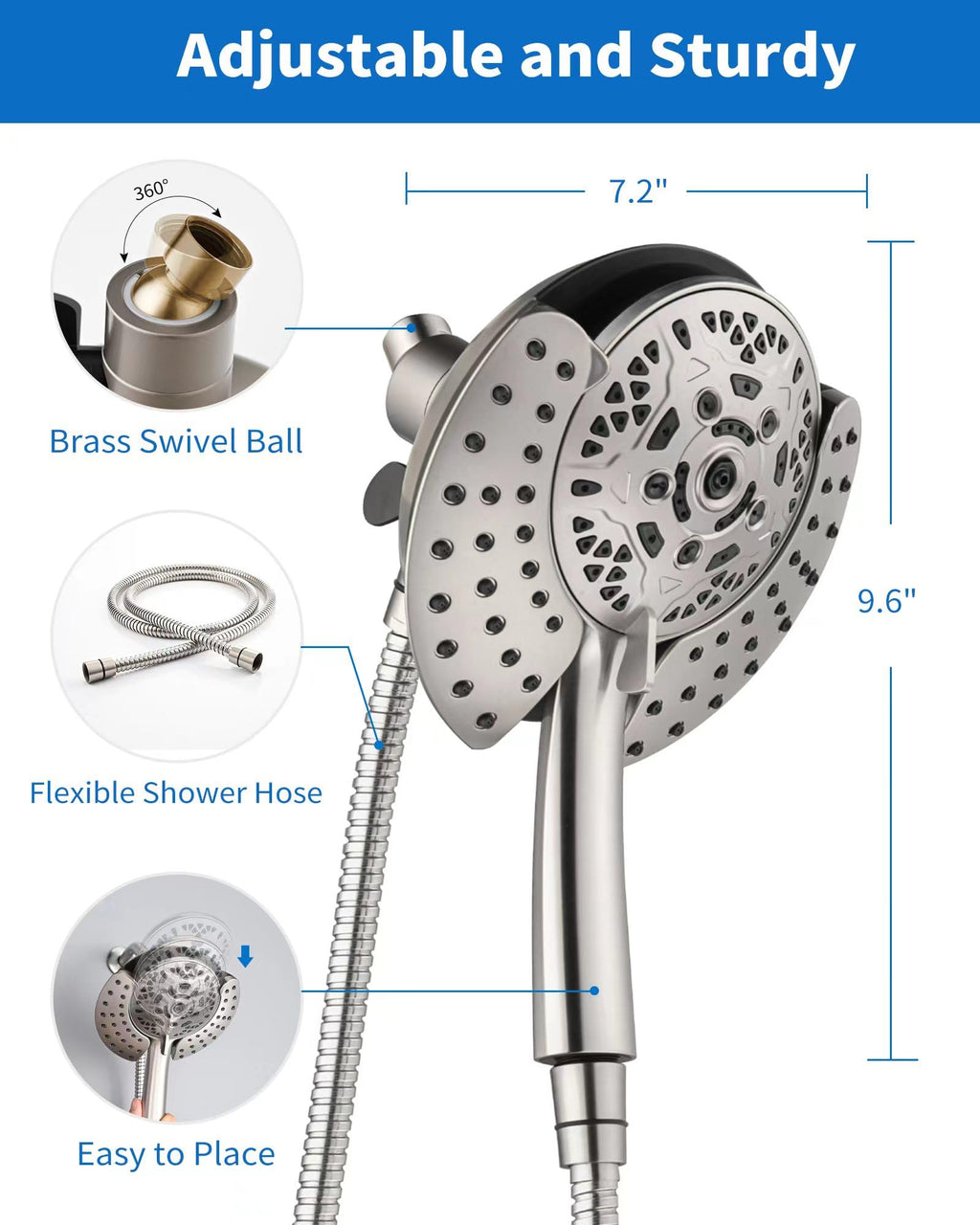 INAVAMZ 2.5GPM Shower Heads with Handheld Spray Combo: 7.2" Rainfall Shower Head & Hand Held Shower Head 2-IN-1 Shower Head with 60" Rotatable Stainless Steel Hose Nickel, Shower Trim Systems