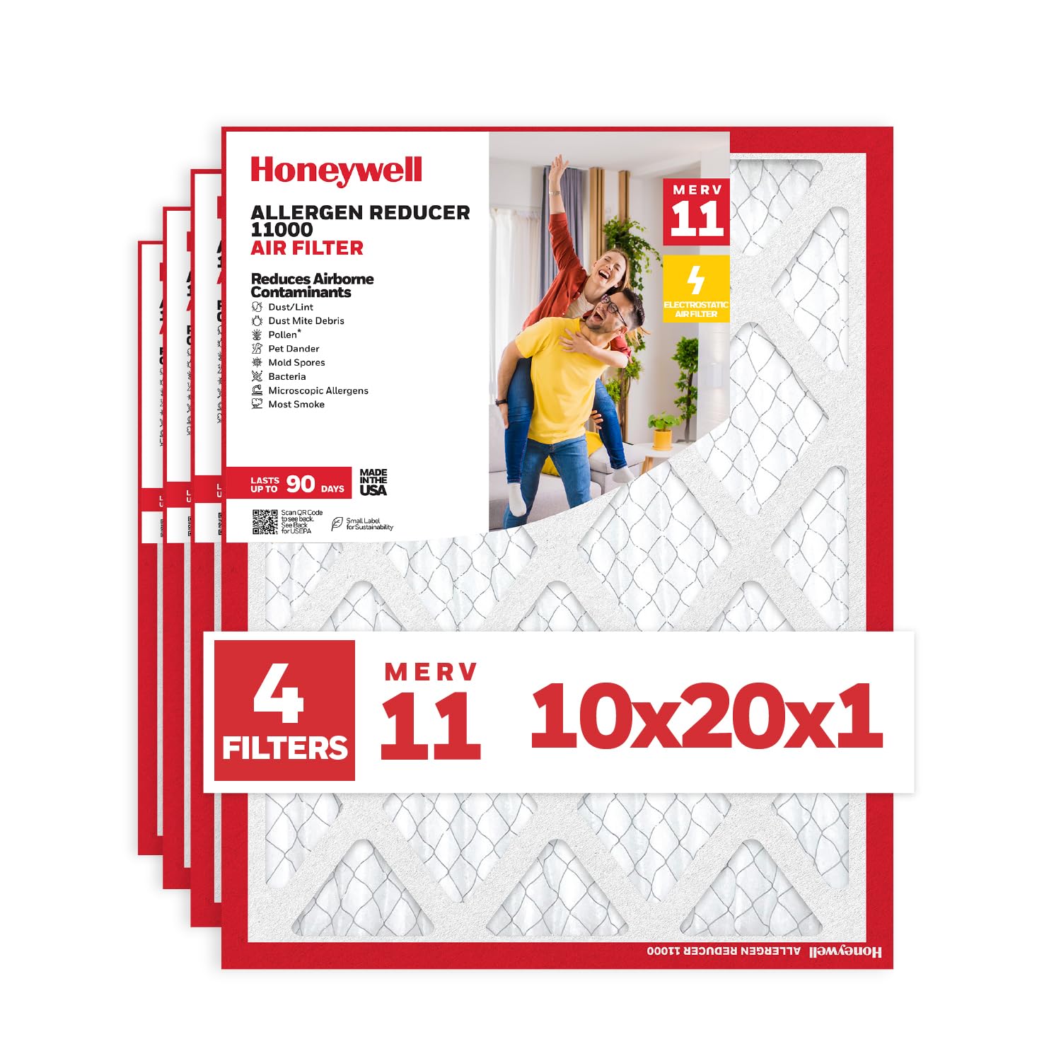 Honeywell 10x20x1 MERV 11 Allergen Reducer 11000 Electrostatic Pleated HVAC AC Furnace Air Filter (4-Pack) | Replacement Filter for Home Use | Made in USA