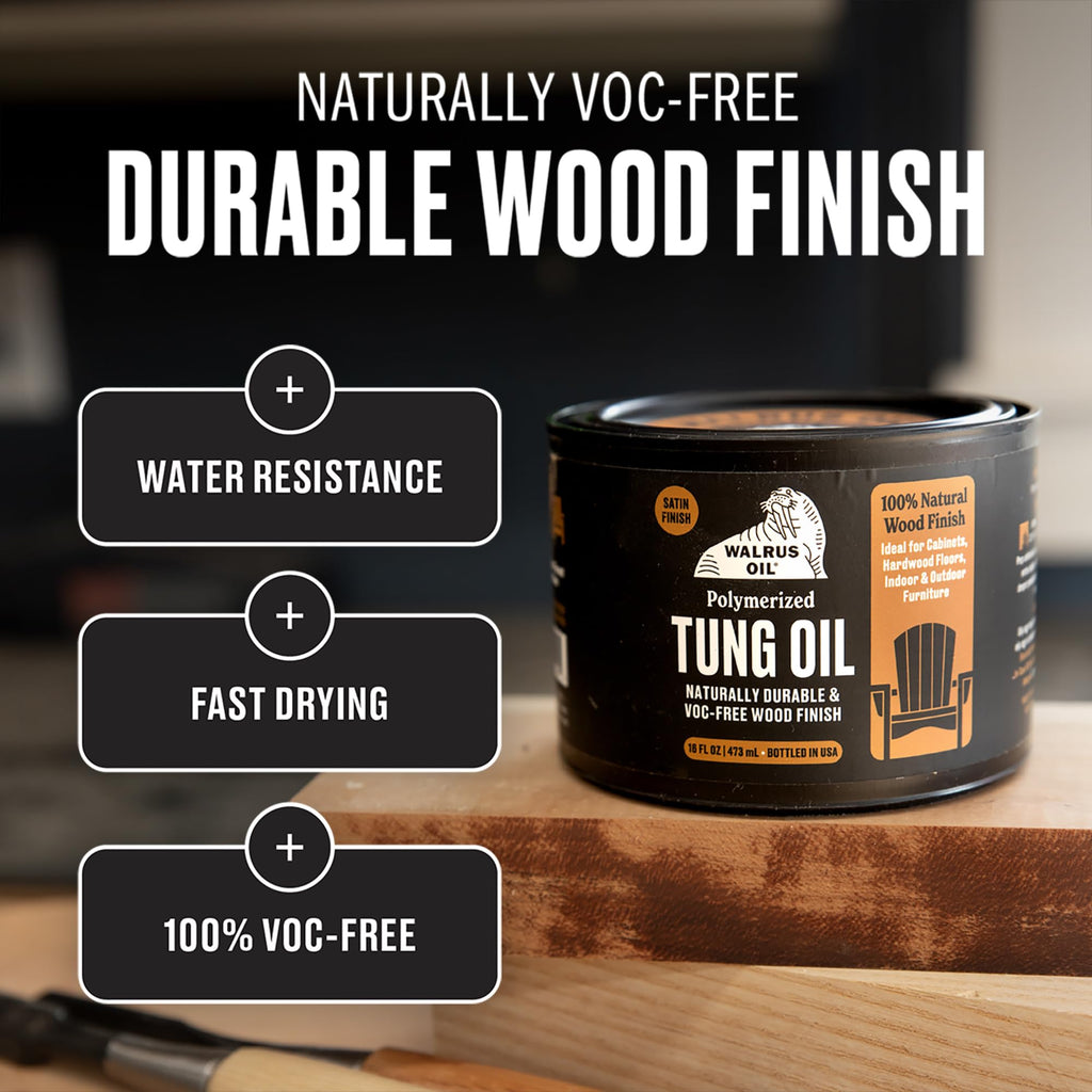 Walrus Oil - Polymerized Tung Oil. 100% Natural, VOC-Free, Heat Bodied, Fast Curing Wood Sealer and Finish. Food-Contact Safe, 16oz Can