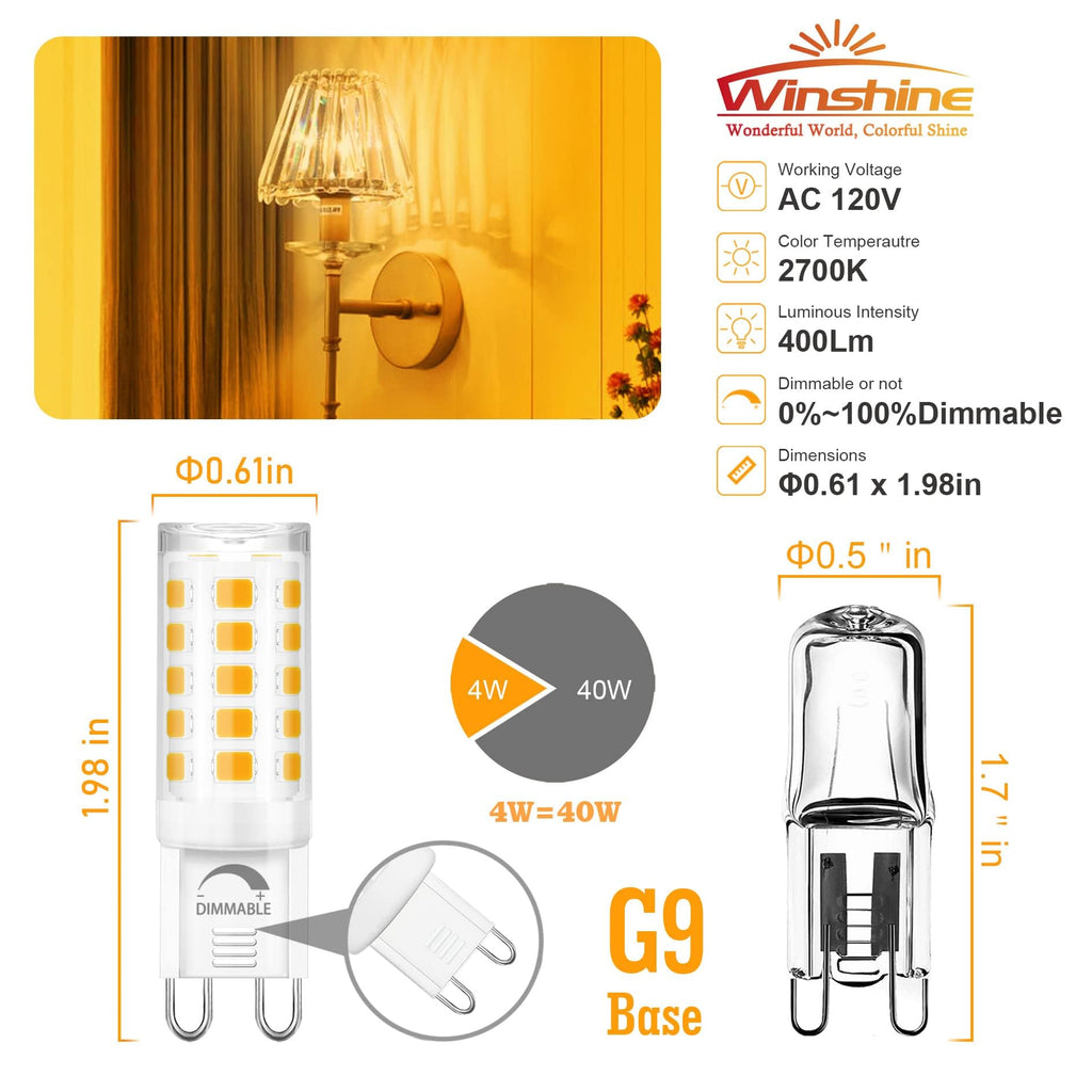 winshine 24 Pack Dimmable G9 LED Light Bulb 2700K Soft White, 40W Equivalent Halogen Replacement, 4W G9 Base Chandelier Light Bulb, T4 Bi Pin Base, CRI85+ 120V 400 Lumens 360 Beam Angle