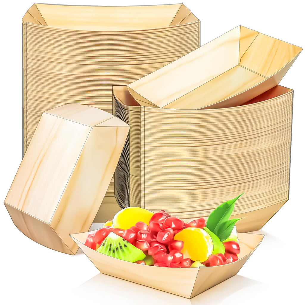 MotBach 200 Pack Wood Grain 1/2Lb Paper Food Boat Trays Disposable Small Paper Boats Plates Containers, 0.5Lb Mini Kraft Food Serving Tray Boat Basket Bowl for Snack Fries Dessert Popcorn Taco Nacho