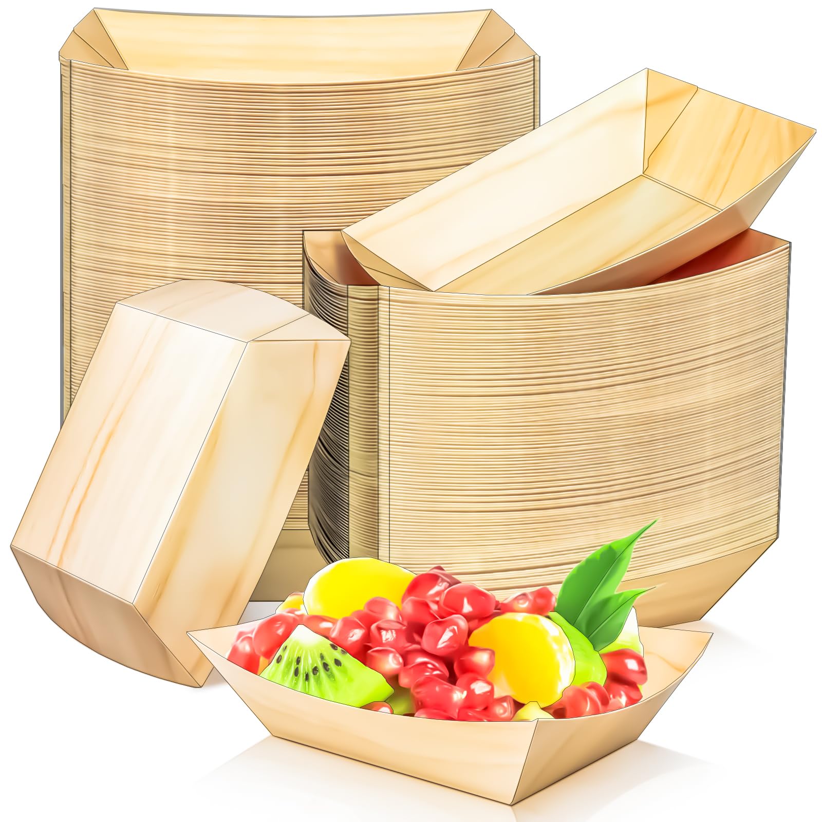 MotBach 200 Pack Wood Grain 1/2Lb Paper Food Boat Trays Disposable Small Paper Boats Plates Containers, 0.5Lb Mini Kraft Food Serving Tray Boat Basket Bowl for Snack Fries Dessert Popcorn Taco Nacho