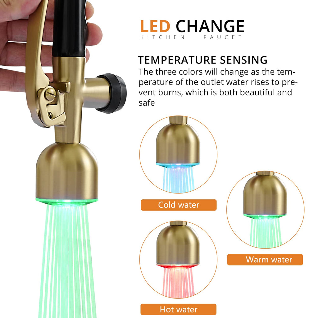 Fapully Commercial Kitchen Faucets with Pull Down Sprayer Brushed Gold LED Single Handle Faucet for Kitchen Sink, Kitchen Faucet with Soap Dispenser and Deck Plack for 4 Hole