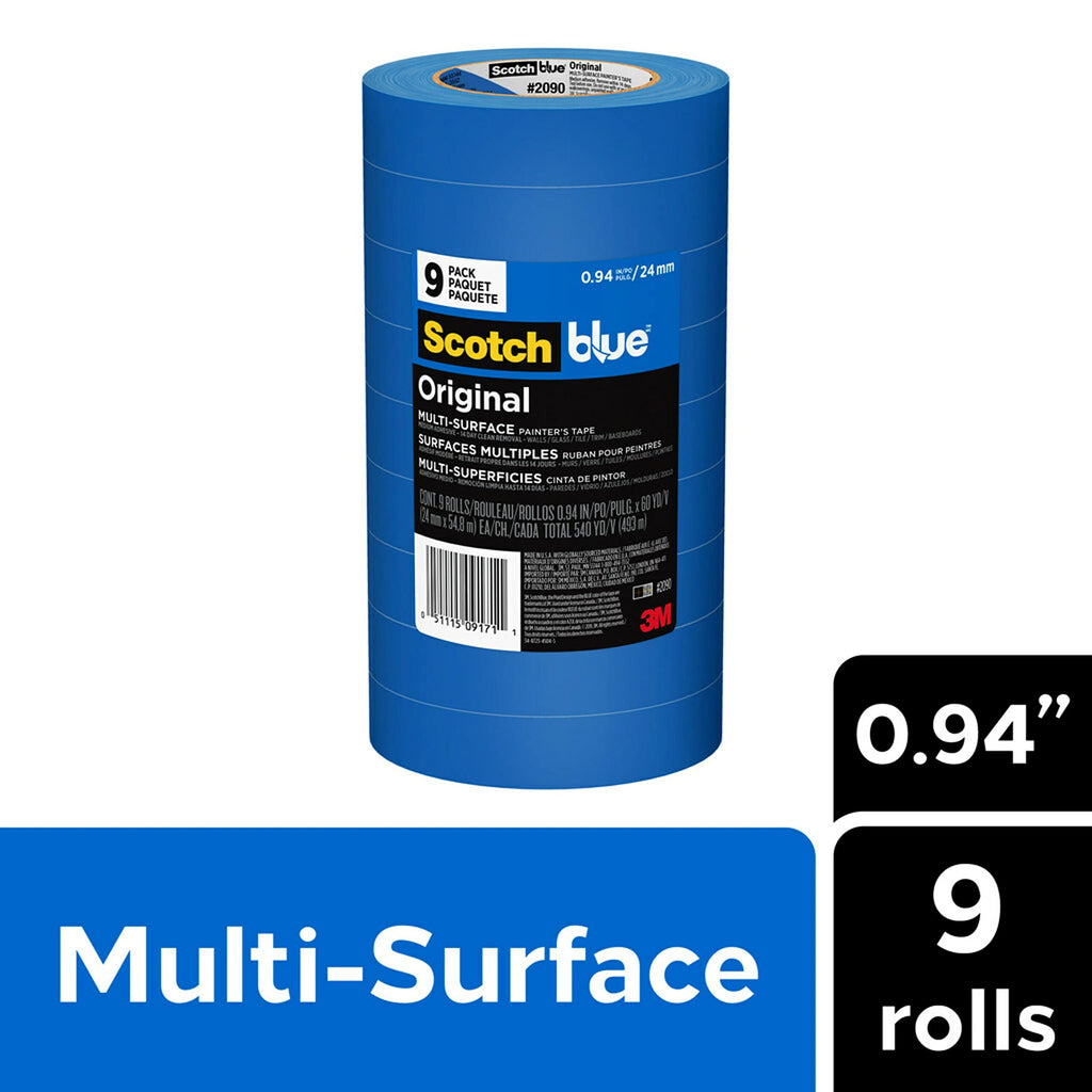 ScotchBlue Original Multi-Surface Painters Tape, 1 Inch Wide (0.94 in. x 60 Yds), 9 Rolls, Blue Paint Tape Protects Surfaces and Removes Easily, Masking Tapes for Indoor and Outdoor Use (2090-24AP9)