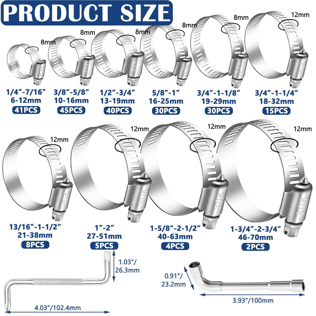 maierke 222PCS 304 Stainless Steel Hose Clamps Assortment Kit,Metal Adjustable 1/4"-2-3/4"(6-70mm) Worm Gear Hose Clamp Small Hose Clamps for Automotive,Radiator Pipe,Plumbing,Fuel Line