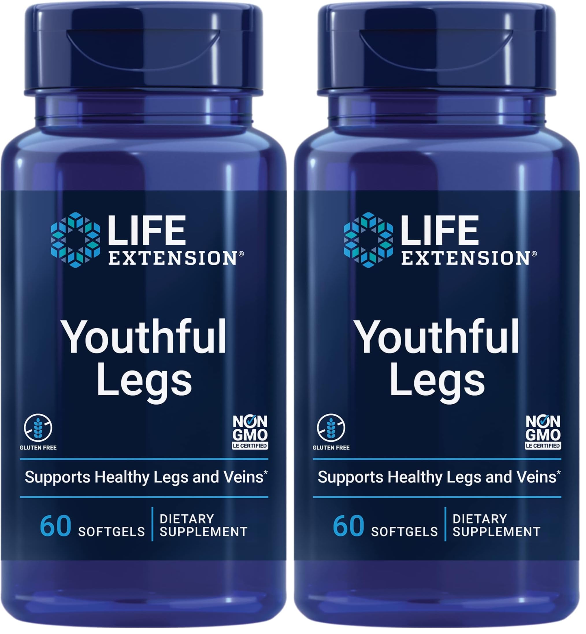 Life Extension Youthful Legs,Blood Flow,Vein Support,Circulation Supplement,Leg Health,Orange Peel Extract,diosmin,Gluten Free,Non-GMO,60 softgels,(Pack of 2)