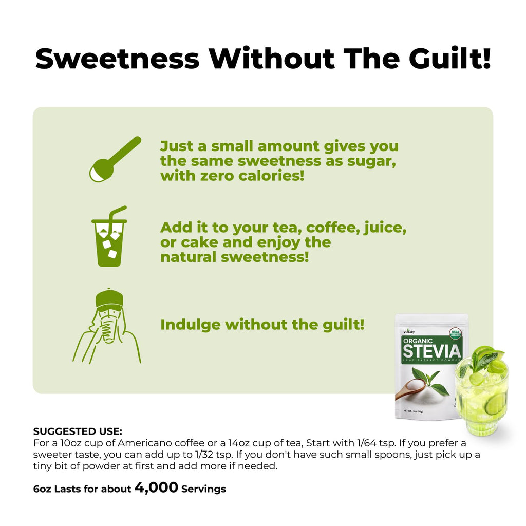 Viccoky Organic Stevia Powder 6oz (171g), Pure Stevia Extract Powder, Sugar-Free & 0 Calories, No Additives, Sugar Substitute, Natural Sweetener
