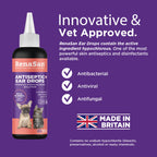 RenaSan Animal Antiseptic Ear Drops – Ear Disinfection, Kills bacteria, Stops Odours, Scratching & Discomfort, Anti-fungal (Yeast), Veterinary-grade, for Dogs, Cats & all other animals (100ml)