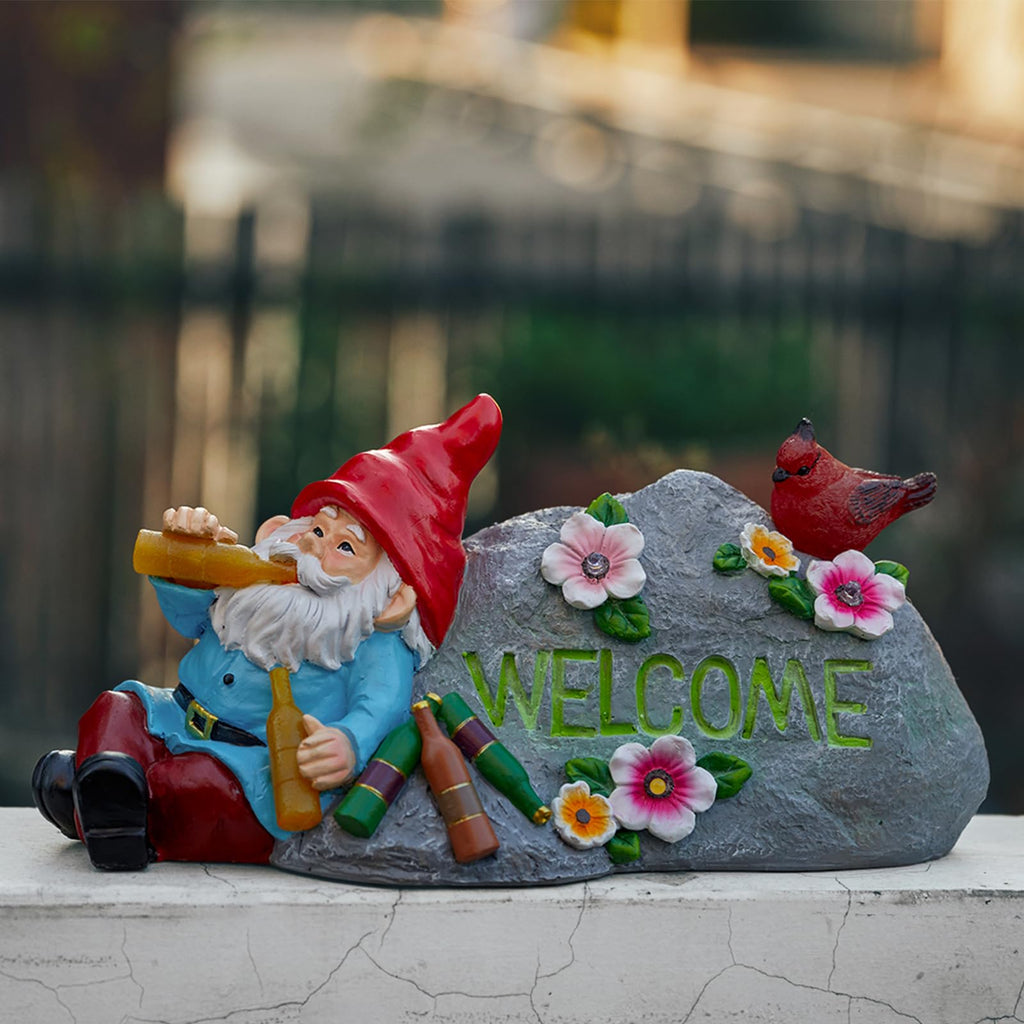 Elegondrar Funny Garden Gnomes Statue with Welcome, Solar Outdoor Gnomes Decorations for Yard, Patio, Lawn, Christmas Birthday Housewaming Gifts, for Dad, Men, Husband, Grandpa, 11.8 Inch, Resin