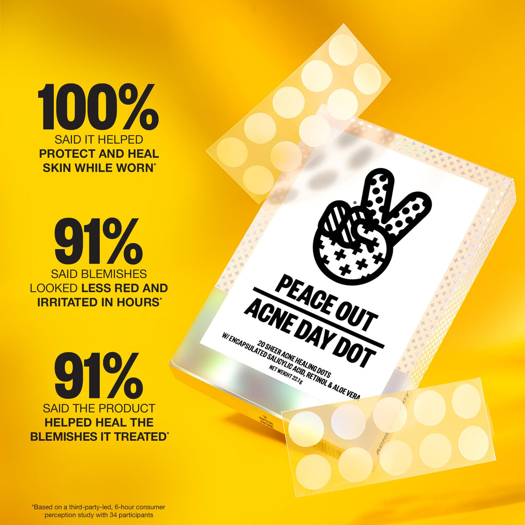 PEACE OUT Acne Day Dot Sheer Hydrocolloid Pimple Patches, Invisible Acne Spot Patches with Encapsulated Salicylic Acid, Retinol, and Aloe Vera, 40 Dots