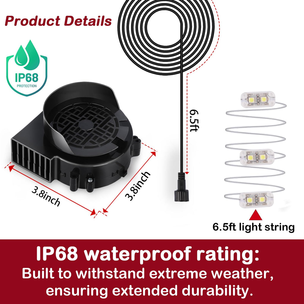 Air Blower Fan for Inflatables, 12V 0.8A Replacement Blower Fan with 1.0A Adapter and 3 LEDs Bulbs Light for Halloween and Christmas Inflatables (IP68 Waterproof, 4500RPM, 3.8 * 3.8'')