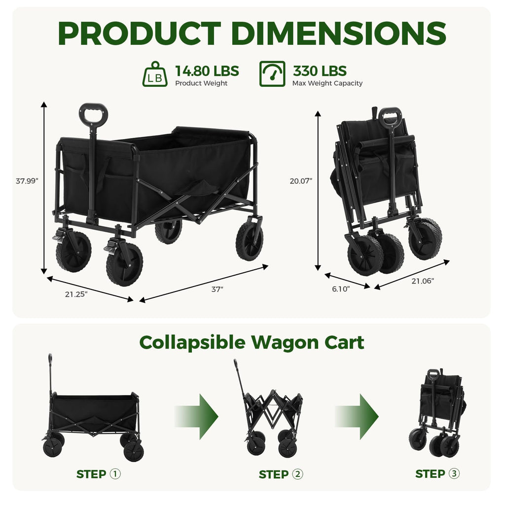 DUMOS Collapsible Wagon Cart, 330lbs Capacity, Black