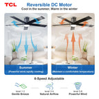 TCL 52" Ceiling Fan with Lights, Black Flush Mount Ceiling Fans with Remote Control, 6 Speeds DC Reversible, Dimmable, Noiseless, Low Profile Ceiling Fans for Bedroom