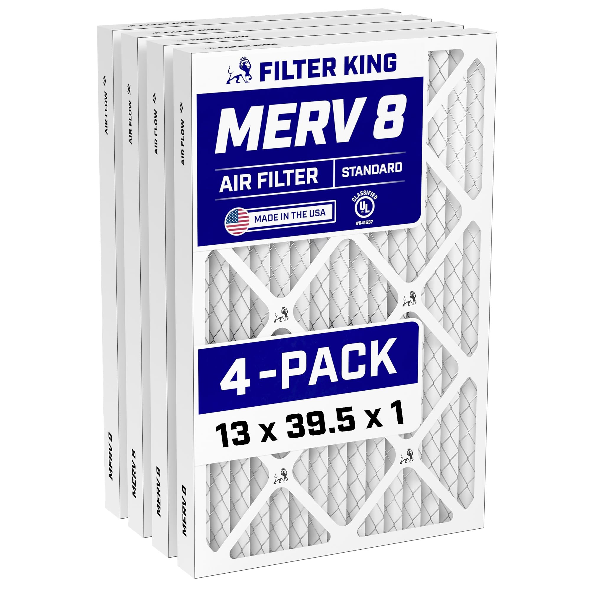 Filter King 13x39.5x1 Air Filter (MERV 8) (4-Pack) Dust & Allergy Control AC Furnace Filters, MADE IN USA, HVAC, Pleated, Electrostatic (Actual Size: 13 x 39.5 x .75)
