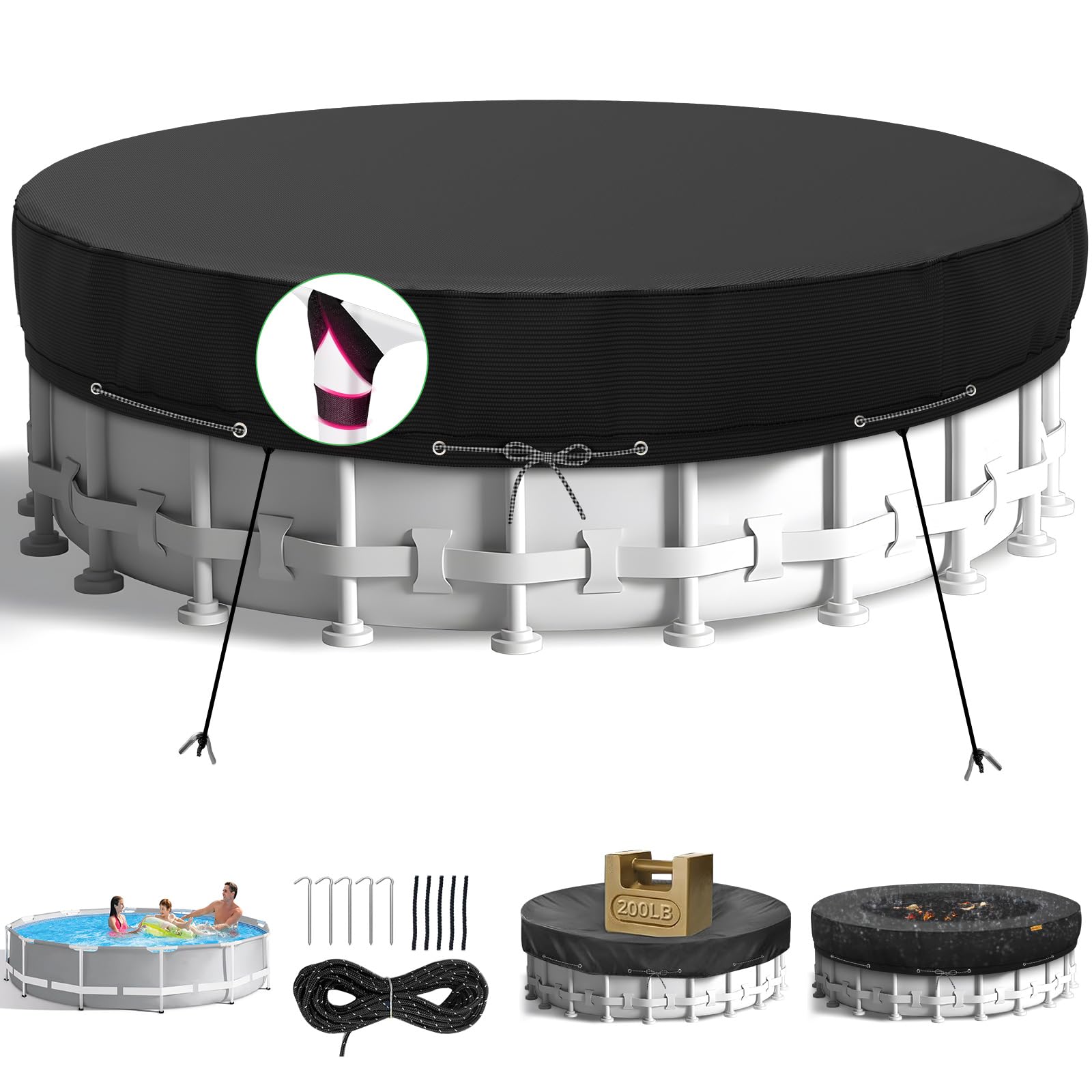 10Ft Round Pool Cover,Heavy Duty Waterproof Round Pool Covers for Above Ground Pools with Ground Nails and Windproof Ropes,Increase Stability&Tear-Resistant, Waterproof and Dustproof, Black