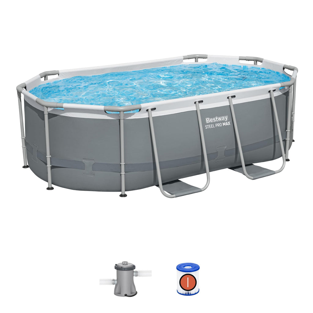 Bestway Steel Pro MAX 10' x 6'7' x 33' Oval Above Ground Swimming Pool Set, 330 GPH Filter Pump, Tritech Puncture Resistant Liner, ClickConnect Steel Frame, Gray