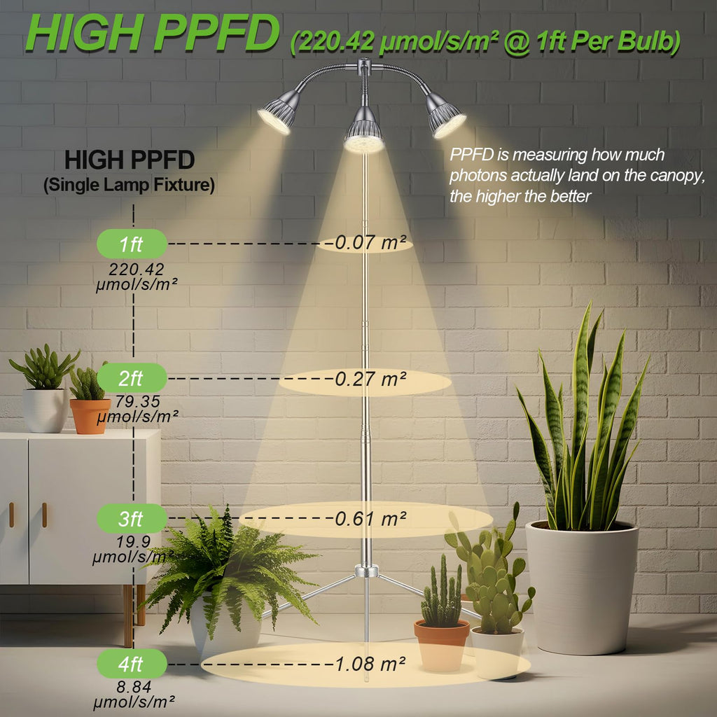 Avolend Grow Lights with 3 Heads for Indoor Plants, 10-55 Inches Height Adjustable Aluminum Alloy, Full Spectrum Plant Growing Lamps with Detachable Tripod Stand, Auto On/Off Timer