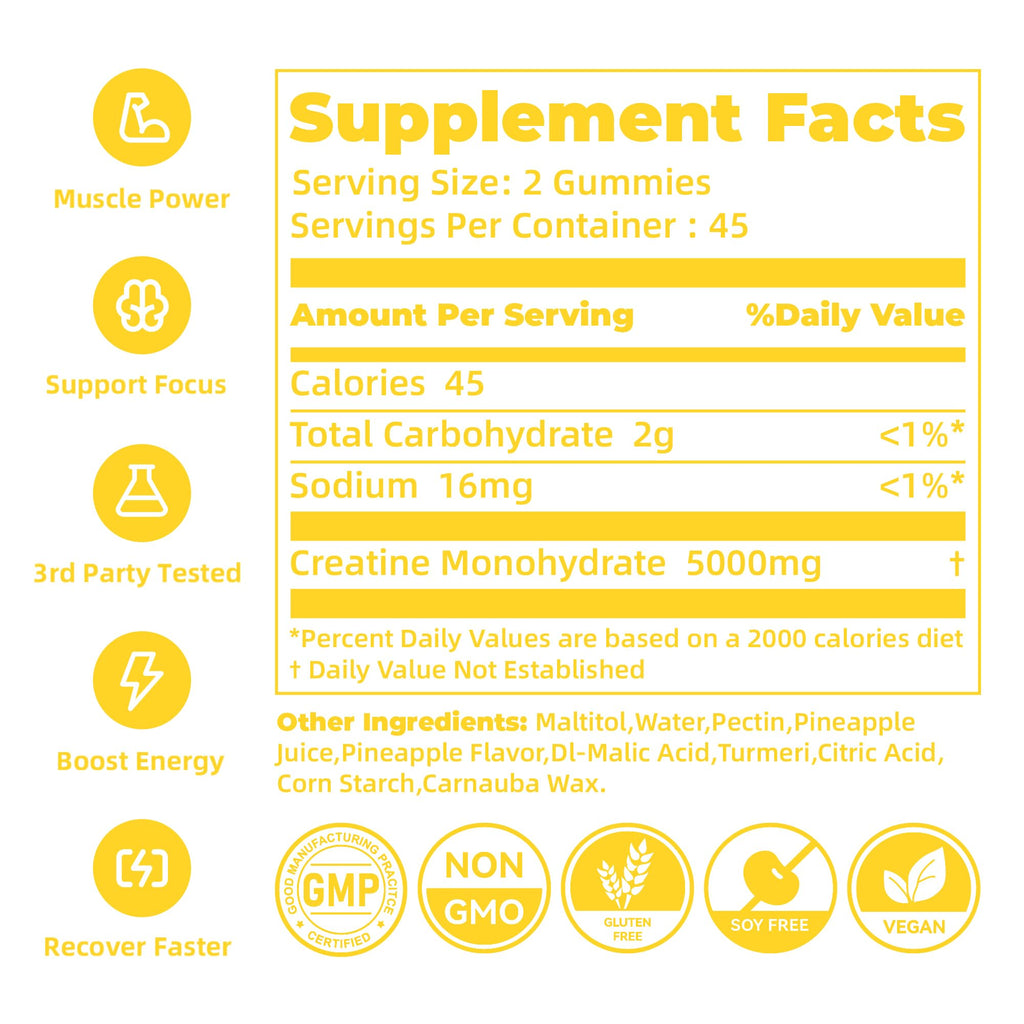 novomins Creatine Monohydrate Gummies for Men & Women, Chewables Creatine Monohydrate for Muscle Strength, Muscle Builder, Energy Boost, Pre-Workout Supplement(90 Count)-Pineapple Flavor.