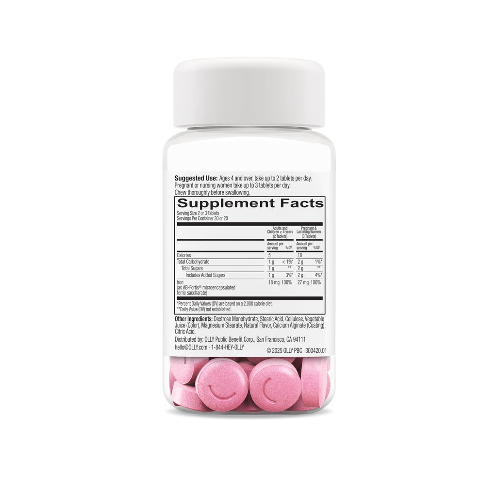 OLLY Delightful Iron Chewable Tablet, Iron Supplement from AB Fortis, Fruit Punch Flavor, 30 or 20 Day Supply - 60 Count (Pack of 2)