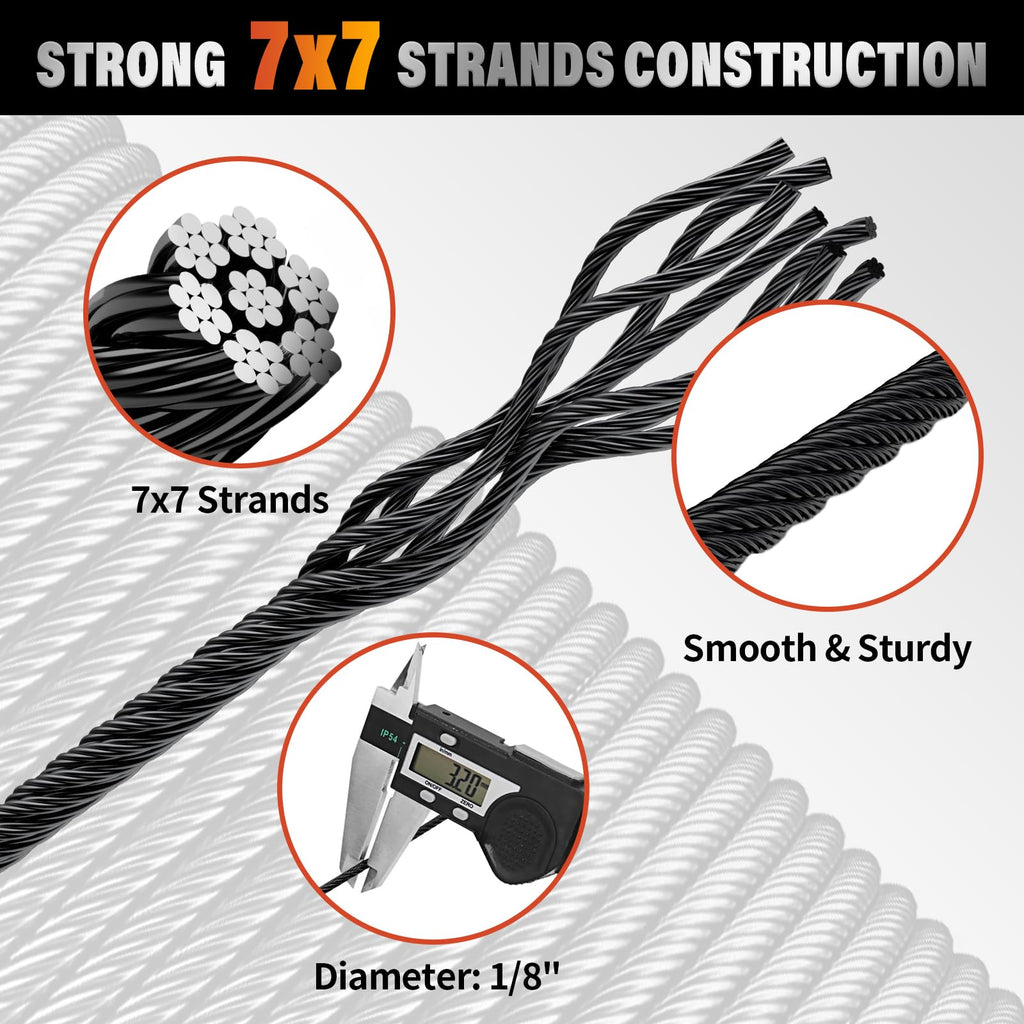 Black Stainless Steel Cable for Railing - 150FT 1/8" T316 Wire Rope for Deck Cable Railing System Kit