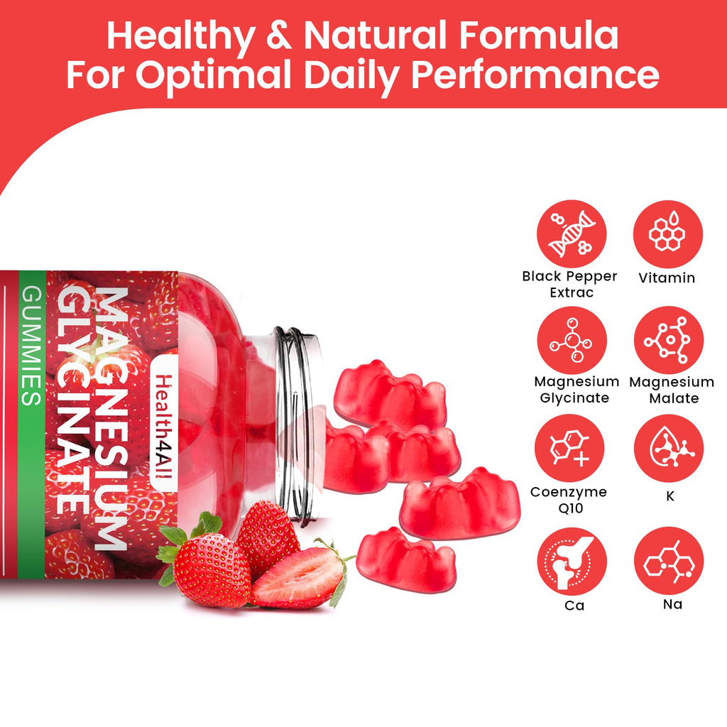 Magnesium Glycinate Gummies 1000mg, High Absorption Sugar Free Magnesium Potassium Supplement for Relaxation, Stress Relief, and Sleep Support for Adults & Kids - 180 Strawberry Gummies