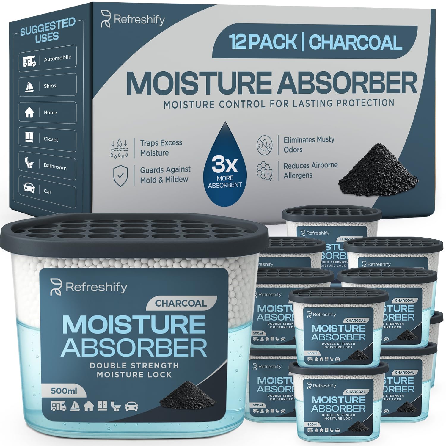 Premium Moisture Absorbers and Dehumidifier Tubs – High-Efficiency Closet Dehumidifier and Dehumidifier for Car, Odor Control Charcoal, 12 Pack, 7.5 Oz