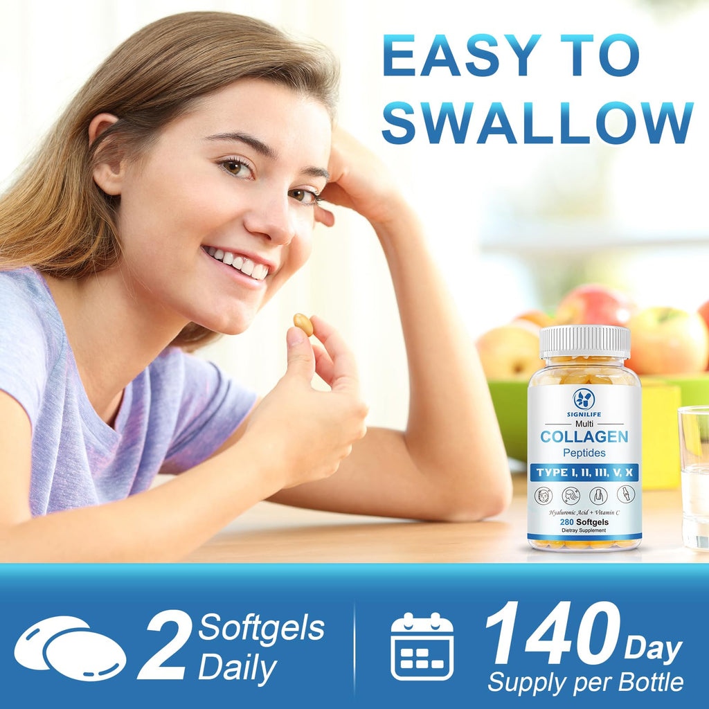 SIGNILIFE Multi Collagen Peptides for Women & Men, Hydrolyzed Collagen Peptides-Type I, II, III, V, X - with Hyaluronic Acid,Vitamin C,Biotin,Supports Skin Hair Nail, Non-GMO, 280 Softgels