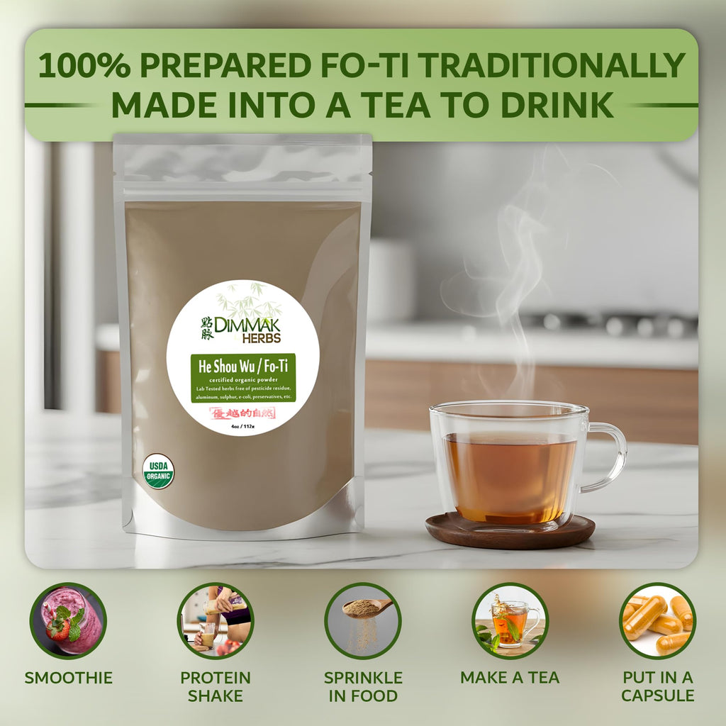 Dimmak Herbs Organic Prepared He Shou Wu Powder (Fo-Ti Root)- Traditional Black Bean Cured Tonic for Hair Thickness, Graying & Jing Vitality- Polygonum Multiflorum Safe & Potent (4oz)