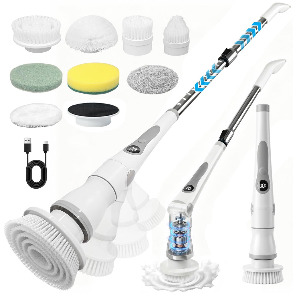 Cordless Electric Spin Scrubber, 4 Angles with 8 Replaceable Brush Heads, Adjustable Handle 3 Speeds with LED Display-90Mins Runtime, IPX7 Waterproof Scrubber Cleaner Brush for Bathtub Bathroom