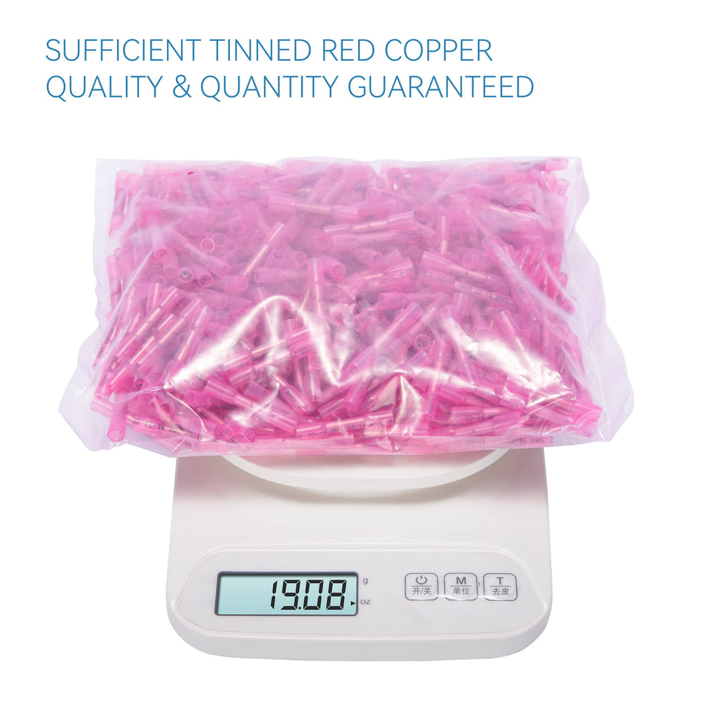 HKS 500 PCS Heat Shrink Butt Connector Red 22-16 AWG - Electrical Connectors - Tinned Red Copper 0.7mm - Automotive Marine Stereo Boat Crimp - Waterproof and Insulated