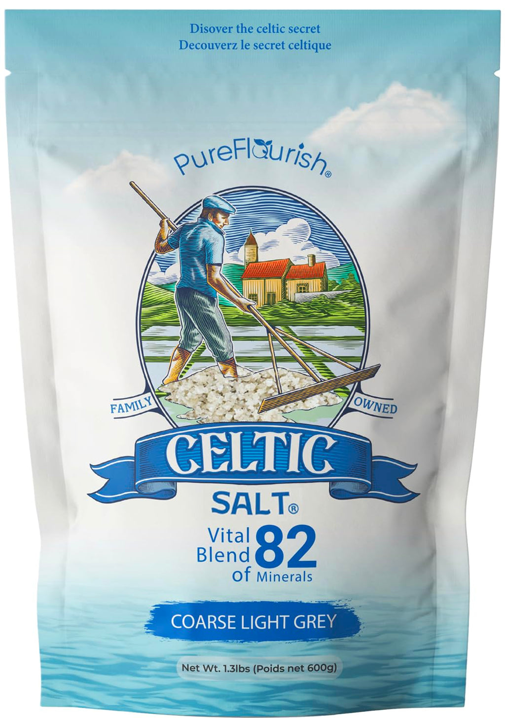 Pure Flourish Celtic Salt - 600g | 100% Organic Unrefined Celtic Salt | Rich in 82+ Essential Minerals | Hand Harvested Light Grey Celtic Salt Crystals from France
