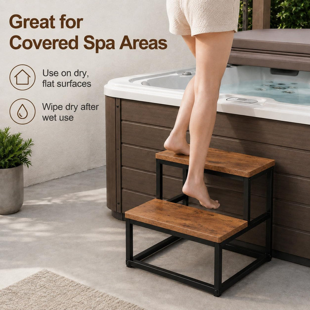 ROMIVO Hot Tub Step Stool, 2 Step Stool for Adults & Kids, 500 lbs Heavy Duty Metal Frame, Wood-Look Bed Steps for High Beds, Kitchen, Bathroom, RV, Covered Spa Area, Rustic Brown