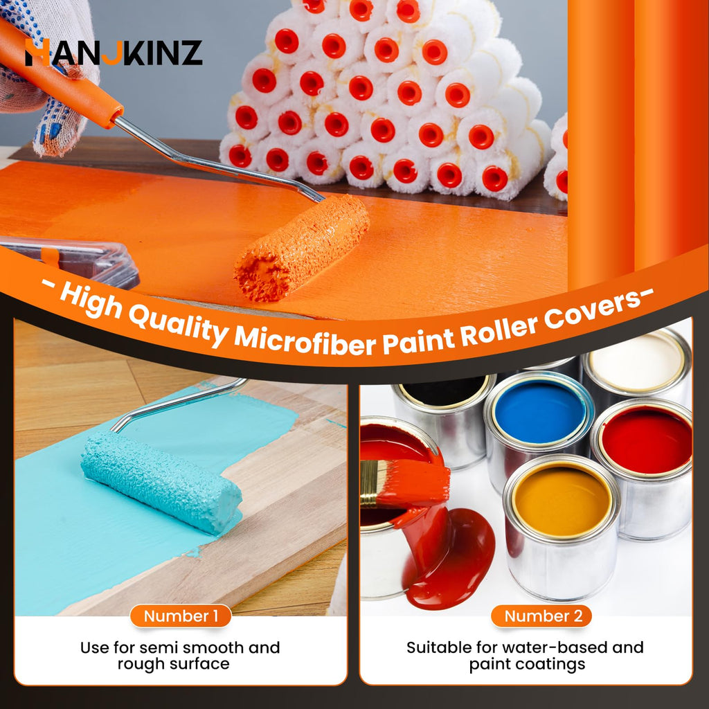 HANJKINZ 60 Pack Microfiber Paint Roller 4 Inch, Small Paint Roller Covers, 3/8 Inch Nap, Mini Paint Rollers for House Painting with Paint Roller Frame, Wall Painting Tool