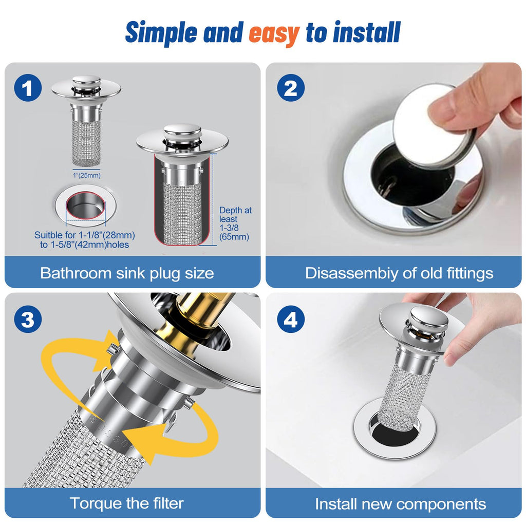 Vakabiu 2024 New Pop Up Bathroom Sink Drain Strainer Hair Catcher, Sink Drain Stopper with Removable Stainless Steel Filter Basket,for US Bathroom Sink Stopper Replacement (2PCS)
