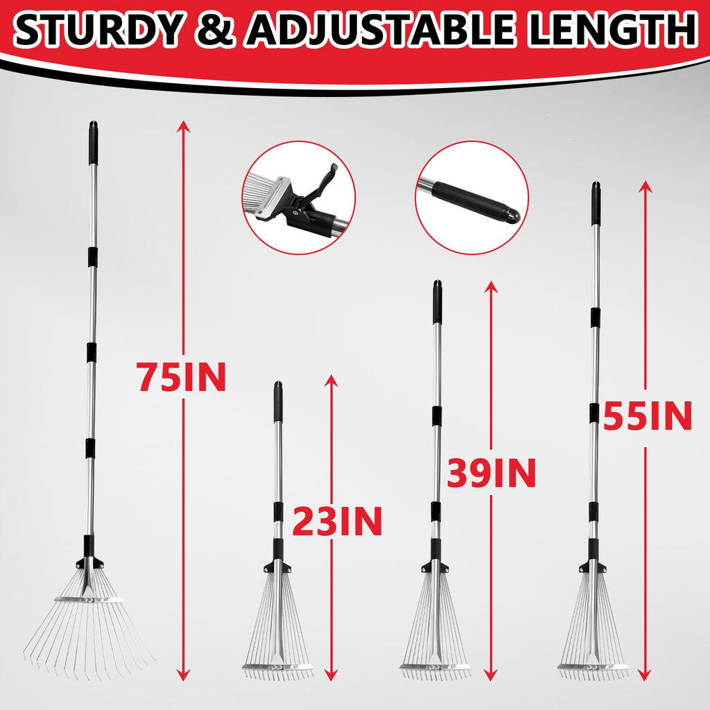 Leaf Rake Adjustable 23-75, Collapsible Metal Stainless Steel Garden Yard