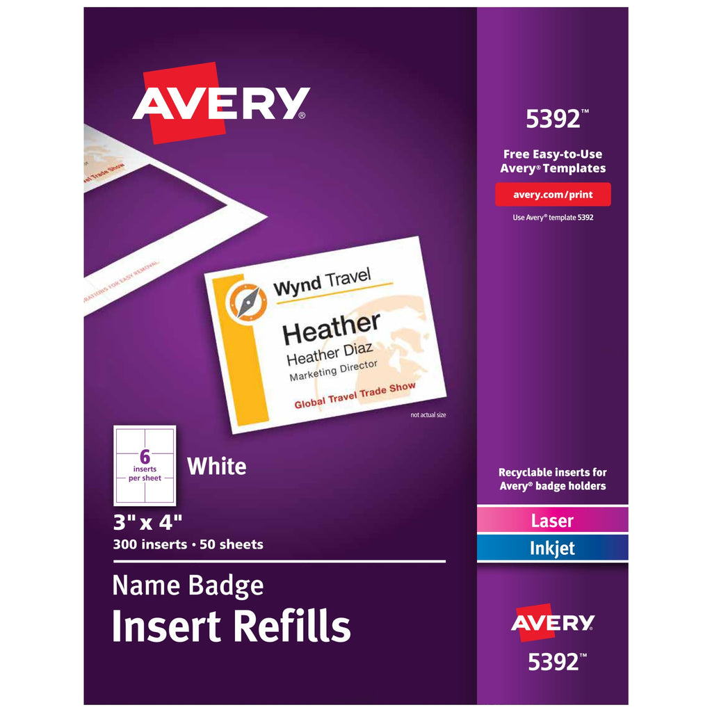 Avery Name Badge Inserts, 3" x 4", 300 White Inserts