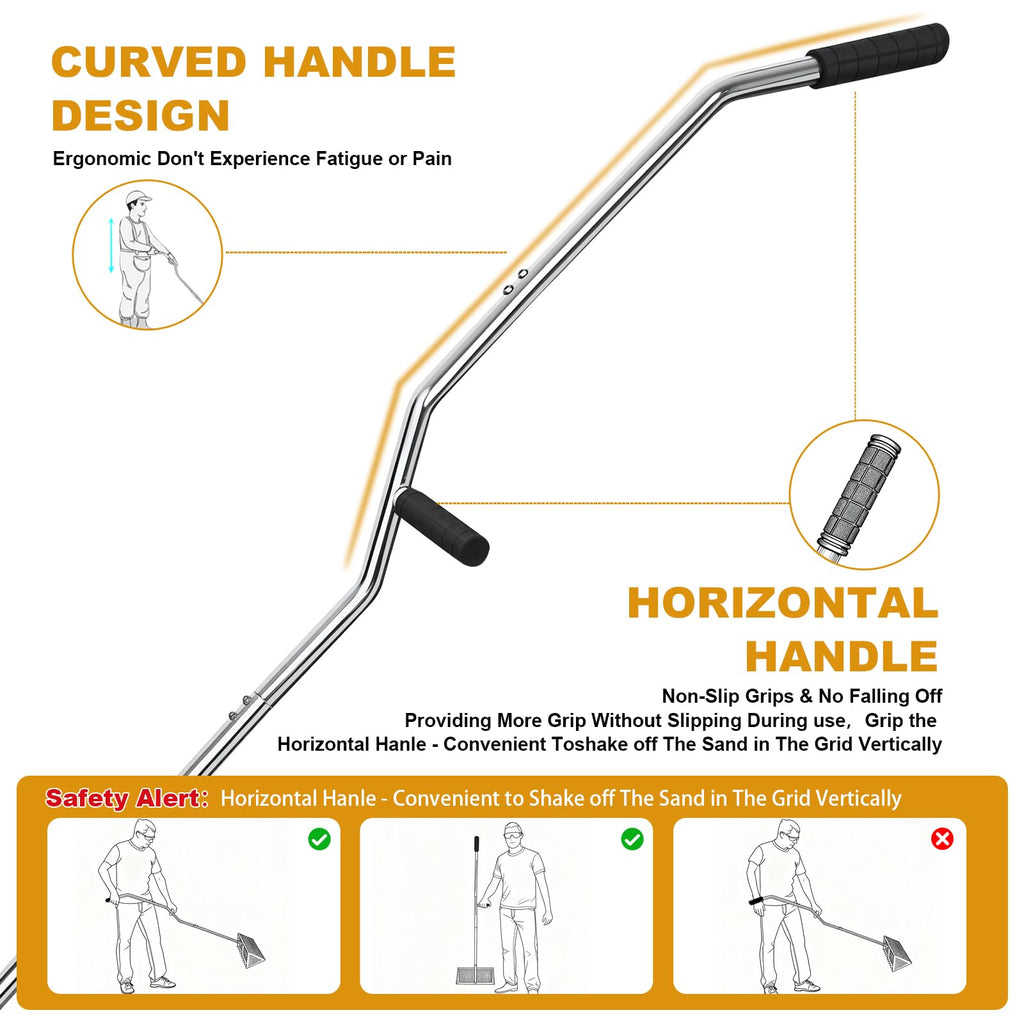 Sea Flea Rake for Beach - Premium 304 Stainless Steel Sand Sifter w 48'' Ergonomic Curved Long Handle, Beach Sifter w Large Basket w Curved Teeth, Sand Crab Catcher for Shark Teeth, Shells