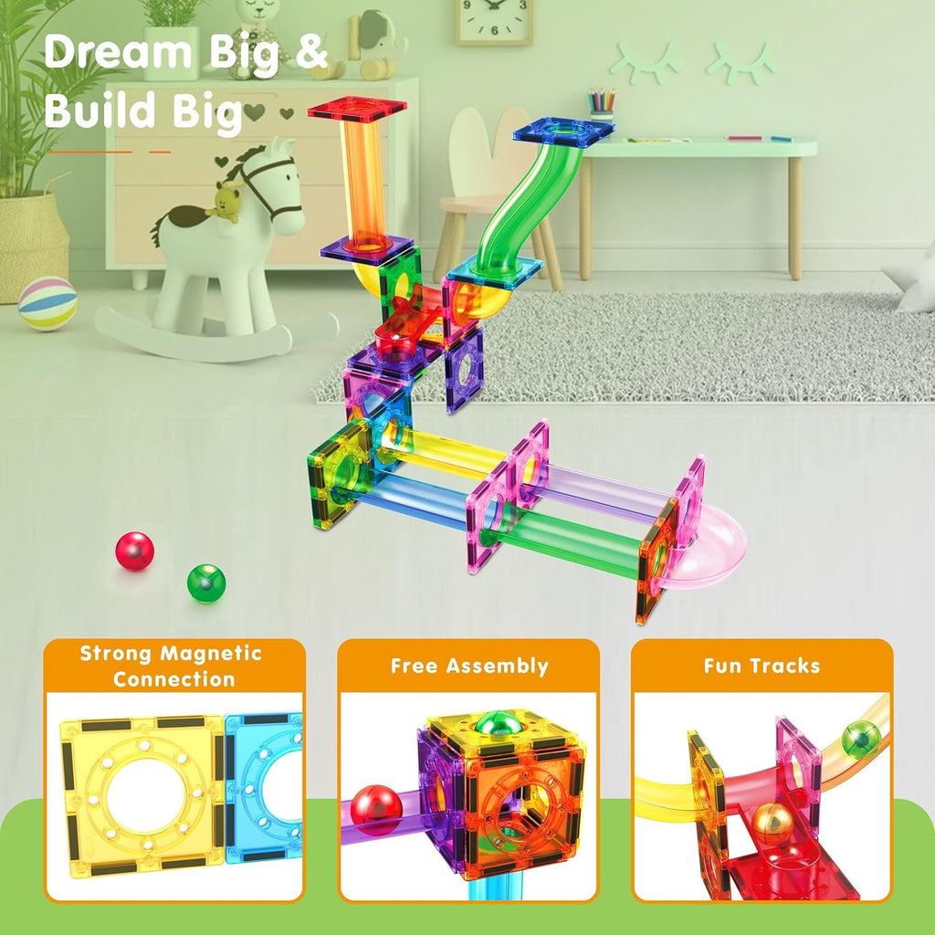 PicassoTiles Magnetic Tiles Marble Run Building Blocks Rainbow Color with Slide Drop Funnels Tubes STEM Educational Toy Set Compatible Durable Construction Kit for Kids Age 3+ Preschool Learning PTG40