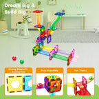 PicassoTiles Magnetic Tiles Marble Run Building Blocks Rainbow Color with Slide Drop Funnels Tubes STEM Educational Toy Set Compatible Durable Construction Kit for Kids Age 3+ Preschool Learning PTG40