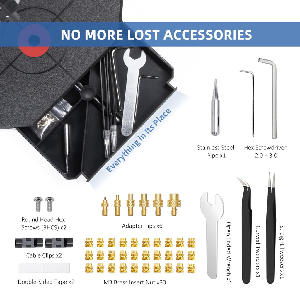 Vertical Heat Set Insert Tool Pressing Machine with 90W Soldering Iron, Heat Set Tips M2-M8, 30PCS Brass Nuts Threaded Inserts for 3D Printed Part