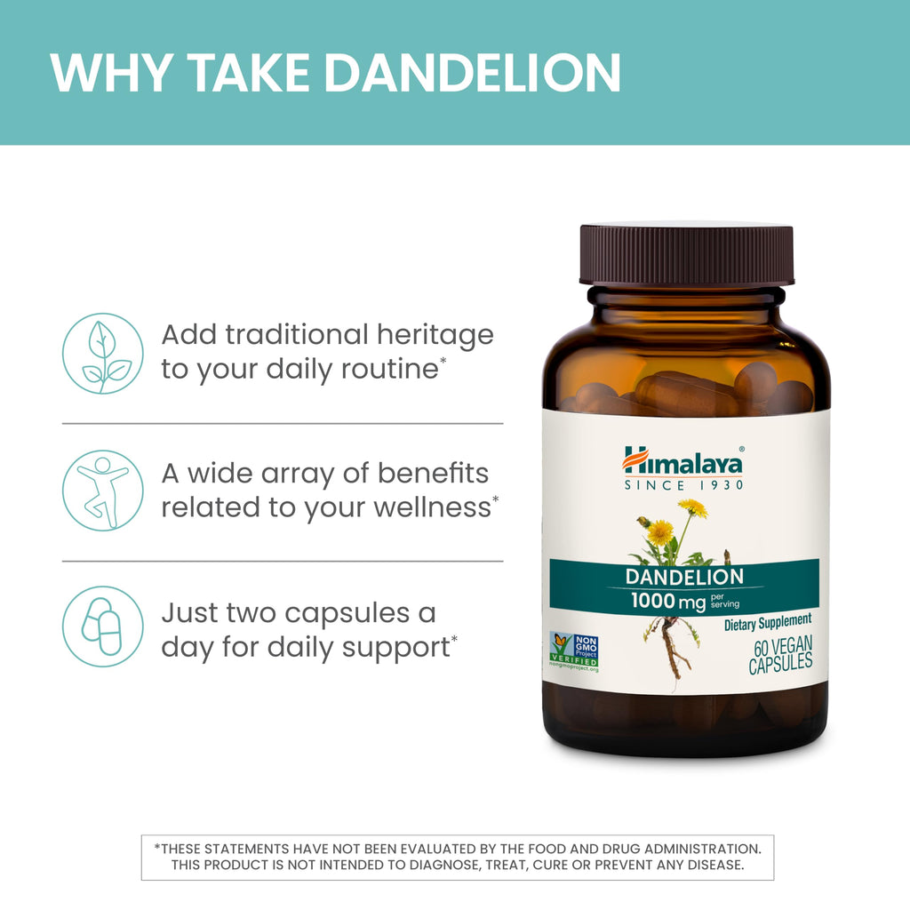Himalaya Dandelion - Dandelion Root Supplement Supporting Daily Wellness and Health - Vegan, Gluten Free, 1000 mg, 60 Capsules